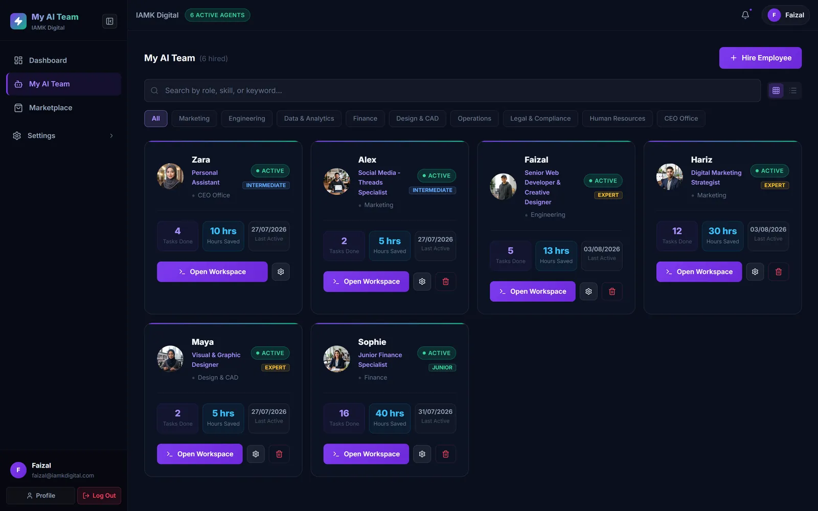 MyAITeam autonomous AI workforce marketplace web platform for deploying specialized AI employees - engineered by IAMK Digital