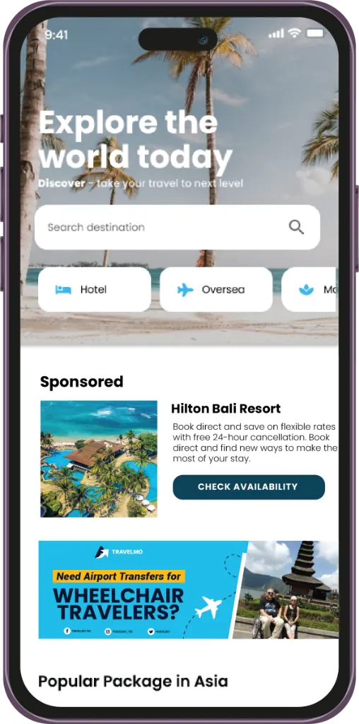 Mobile travel app UI design: explore screen