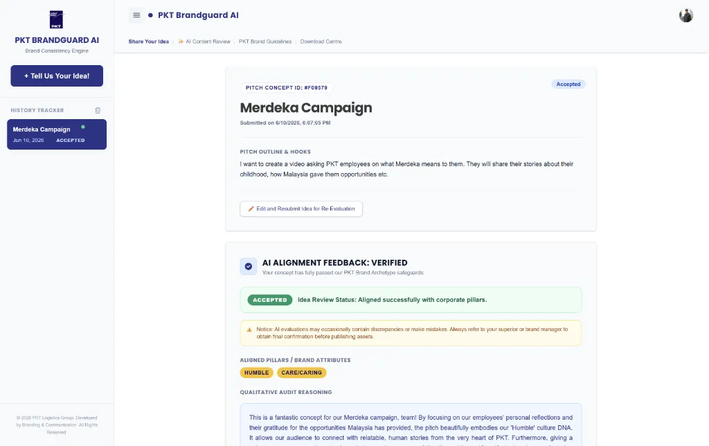 PKT AI BrandGuard web app: Idea Analyzed